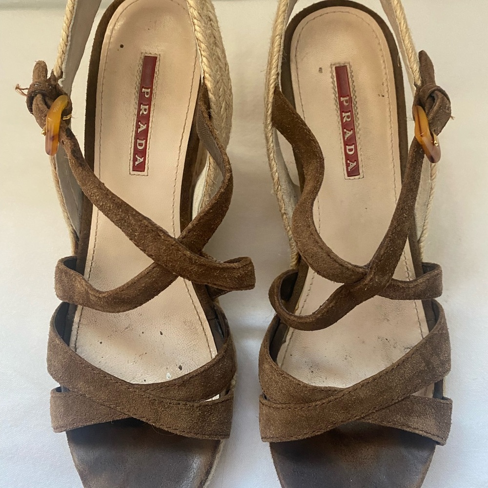 Prada brown sweat wedges with cork bottom. Like new.